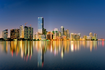 miami florida biscayne bay city skyline and shimmering ligths at night in 2009